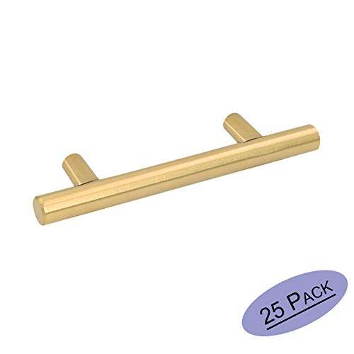 Product Cover 25Pack Gold Cabinet Drawer Pulls Kitchen Hardware - Goldenwarm 201GD76 Brushed Brass Cabinet Handles T Bar Door Pull Knobs 3in Hole Centers, 5in Overall Length