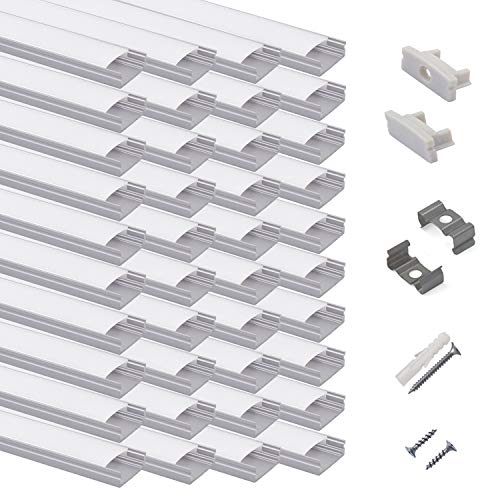 Product Cover hunhun 40-Pack 3.3ft/1Meter U Shape LED Aluminum Channel System with Milky Cover, End Caps and Mounting Clips, Aluminum Profile for LED Strip Light Installations, Very Easy Installation