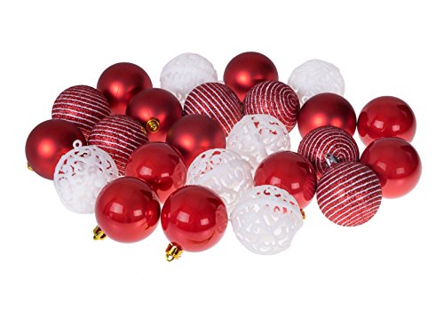 Product Cover Clever Creations Christmas Ornament Ball Set Red and White | 24 Pack | Festive Holiday Décor | Classic Design | Glitter, Gloss and Swirled Texture | Shatter Resistant | Hangers Included | 55mm