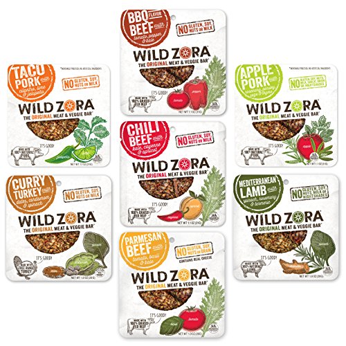 Product Cover Wild Zora - Meat & Veggie Bars - Variety (7-Pack) Includes Lamb, Turkey, two flavors of Pork, BBQ, Chili, and Parmesan Beef