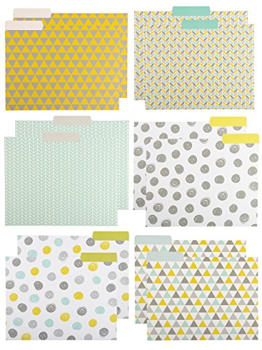 Product Cover File Folders - 12-Pack Decorative File Folders, 6 Geometric Colorful File Folders, Designer File Folders - Letter Size 1/3 Cut 1/2 inch Top Memory Tab, 11.5 x 9.5 inches