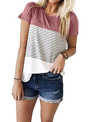 Product Cover ZXZY Women Short Sleeve Round Neck Triple Threat Color Block Top Stripe Tee, Pink, Large