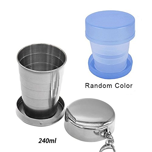 Product Cover Travel Stainless Steel Collapsible Cup 240ML with Metal Telescopic Keychain,with Plastic Collapsible Cups,BPA-Free Silicone,Portable Foldable,Water,Coffee,Tea, Snacks for Hiking,Camping,Picnic