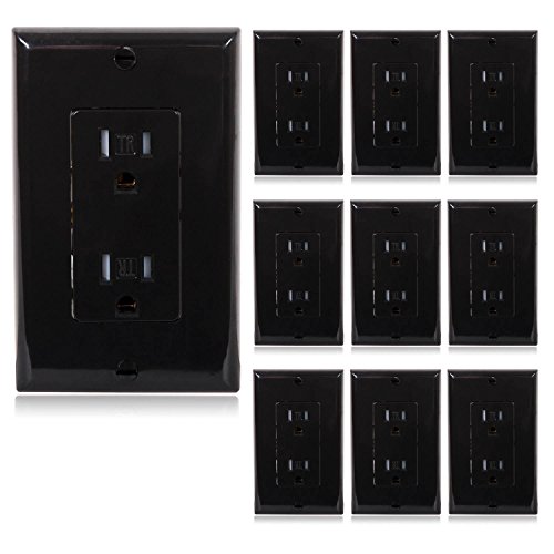 Product Cover Maxxima Tamper Resistant Black Duplex Receptacle Standard Decorative Electrical Wall Outlet 15A, Wall Plates Included (Pack of 10)