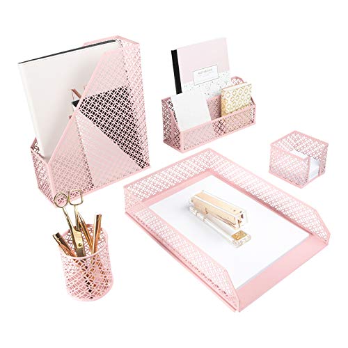 Product Cover Blu Monaco Office Supplies Pink Desk Accessories for Women-5 Piece Desk Organizer Set-Mail Sorter, Sticky Note Holder, Pen Cup, Magazine Holder, Letter Tray-Pink Room Decor for Women and Teen Girls