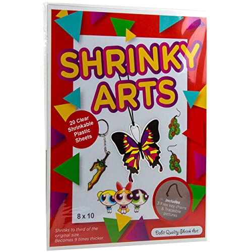 Product Cover Dabit Shrinky Art Paper 20-Pack, Shrinky A Dinks Sheets For Boys And Girls, Clear Shrink Film Sheets, Kids Activities For All Ages, Bonus Traceable Pictures And Keychains