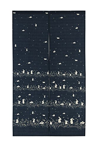 Product Cover Japanese Noren Doorway Curtain Tapestry Navy blue, many rabbits with flowers
