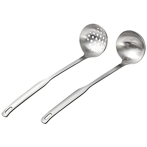 Product Cover 2 Pcs Soup Ladle Colander, Metallic Frosting Flatware Cookware Serving Long Handle Steel Slotted Spoon Cooking Utensil Set for Hotpot