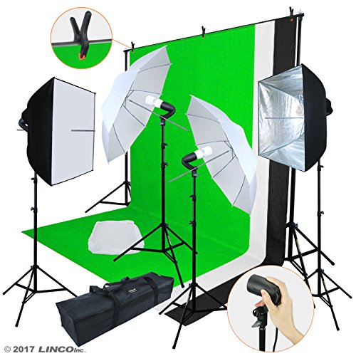 Product Cover Linco Lincostore Photo Video Studio Light Kit AM169 - Including 3 Color Backdrops (Black/White/Green) Background Screen