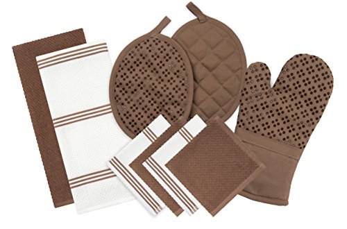 Product Cover Sticky Toffee Silicone Printed Oven Mitt & Pot Holder, Cotton Terry Kitchen Dish Towel & Dishcloth, Brown, 9 Piece Set