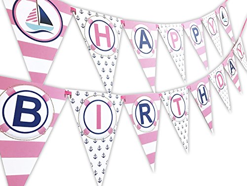 Product Cover POP parties Nautical Pink Happy Birthday Banner Pennant - Sailboat Party Banner - Made in The USA