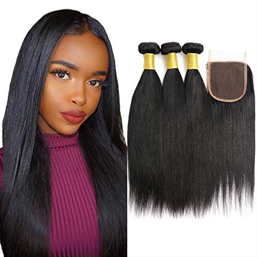 Product Cover Brazilian Virgin Human Hair Straight 3 Bundles Human Hair With Lace Closure Grade 8A 100% Unprocessed Human Hair Bundles With Silk Closure Free Part Natural Black 8 10 12 with 8