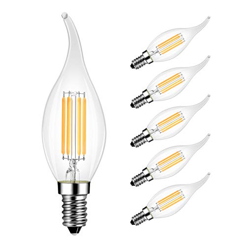 Product Cover Flame Tip LED Filament Bulb E12 Candelabra Base, LVWIT Dimmable 4.5W (40W Equivalent) B10 Candle Light Bulb, 3000K Soft White 6-Pack