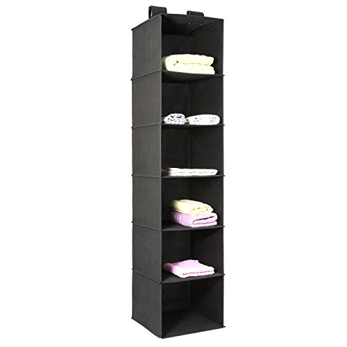 Product Cover Magicfly Hanging Closet Organizer, 6-Shelf Hanging Clothes Storage Box Collapsible Accessory Shelves Hanging Closet Cubby for Sweater & Handbag Organizer, Easy Mount, Black
