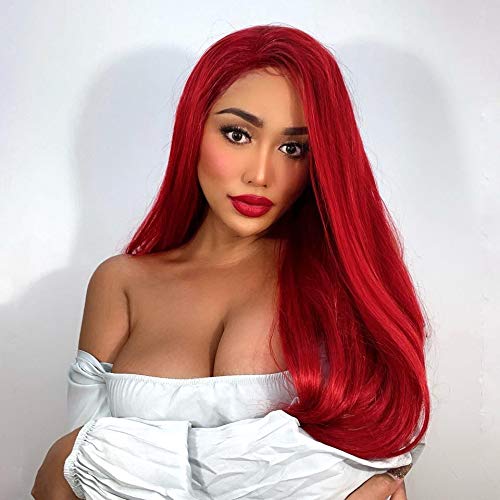 Product Cover QD-Udreamy Natural Long Wavy Trendy Sexy Red Color Synthetic Half Hand Tied Heat Resistant Lace Front Wigs Hair Replacement Wigs for Women