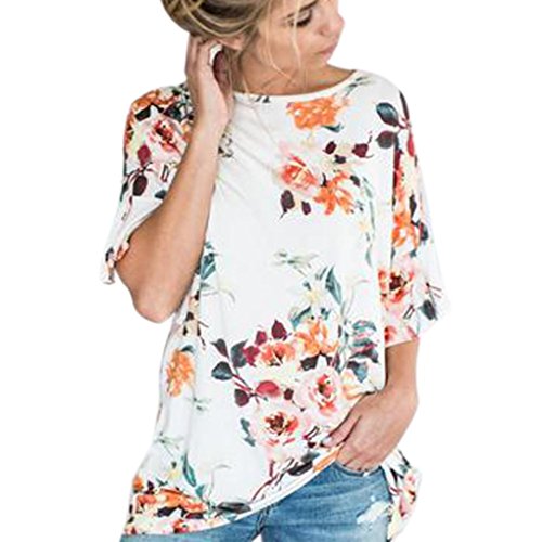 Product Cover ZOMUSA Womens Floral Printing Loose Short Sleeve Blouse (XL, White)