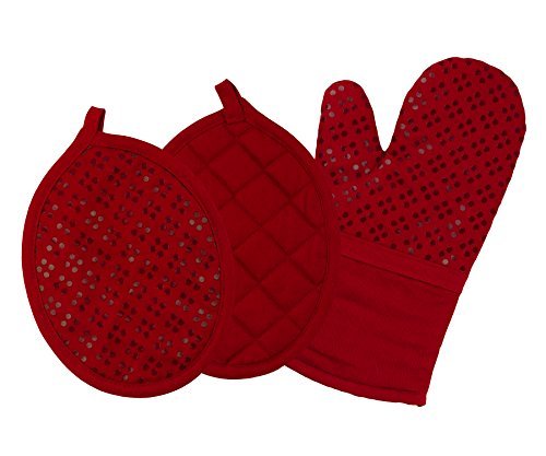 Product Cover Sticky Toffee Printed Silicone Oven Mitt and Pot Holders, 100% Cotton, 3 Piece Set, Red