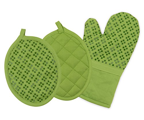 Product Cover Sticky Toffee Printed Silicone Oven Mitt and Pot Holders, 100% Cotton, 3 Piece Set, Green