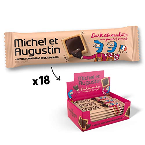 Product Cover Michel et Augustin Chocolate French Cookie Squares 18 Bars | Dark Chocolate Sea Salt Butter Shortbread | Gourmet Snack Dessert Gift Baskets For Holiday Christmas Valentines | 4 Cookie Squares Per Bar