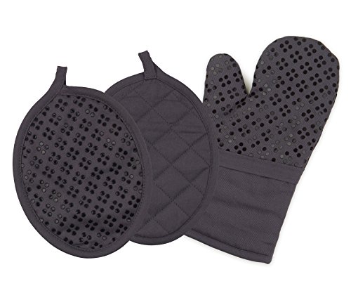 Product Cover Sticky Toffee Printed Silicone Oven Mitt and Pot Holders, 100% Cotton, 3 Piece Set, Gray