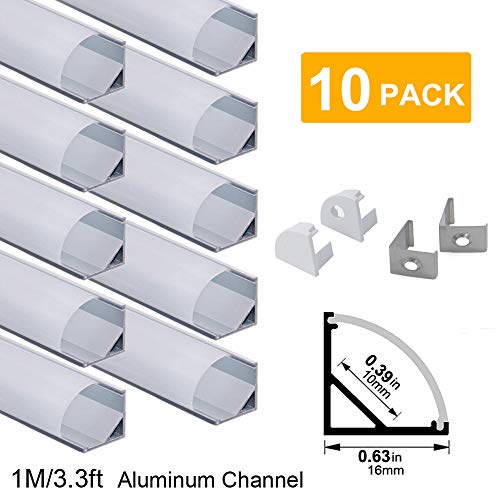 Product Cover hunhun 10-Pack 3.3ft/1Meter V Shape LED Aluminum Channel System with Milky Cover, End Caps and Mounting Clips, Aluminum Profile for LED Strip Light Installations, Very Easy Installation