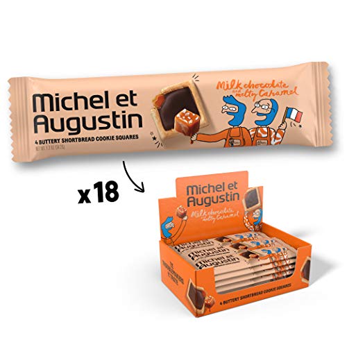Product Cover Michel et Augustin Chocolate French Cookie Squares 18 Bars | Milk Chocolate Caramel Butter Shortbread | Gourmet Snack Dessert Gift Baskets For Holiday Christmas Valentines | 4 Cookie Squares Per Bar