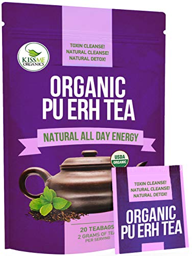 Product Cover Organic Puerh Tea - Premium Quality Fermented Puerh Tea - Energizing, Detoxifying and Delicious - Aged Black Yunnan Tea - 20 Teabags