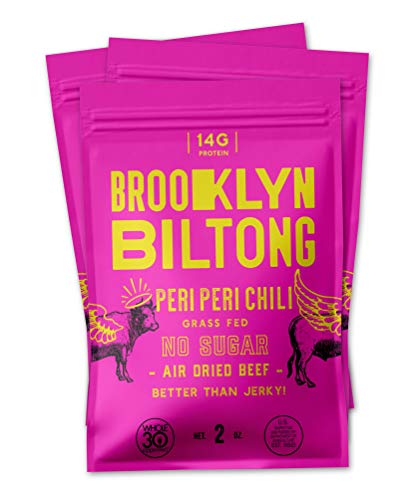 Product Cover Brooklyn Biltong - Air Dried Grass Fed Beef Snack, South African Beef Jerky - Whole30 Approved, Paleo, Keto, Gluten Free, Sugar Free, Made in USA - 2 oz. Bags, 3 Count (Peri Peri)