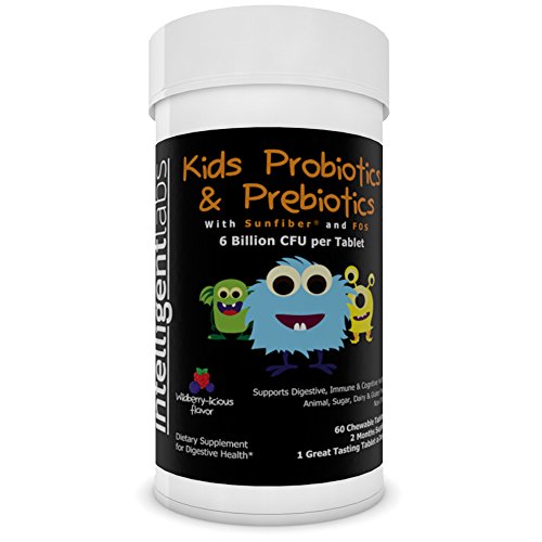Product Cover 6 Billion CFU Kids / Children's Probiotics with Prebiotics, Sunfiber and Fos, for 10x More Effectiveness. One A Day Great Taste Chewable Probiotic, 2 Months Supply Per Bottle