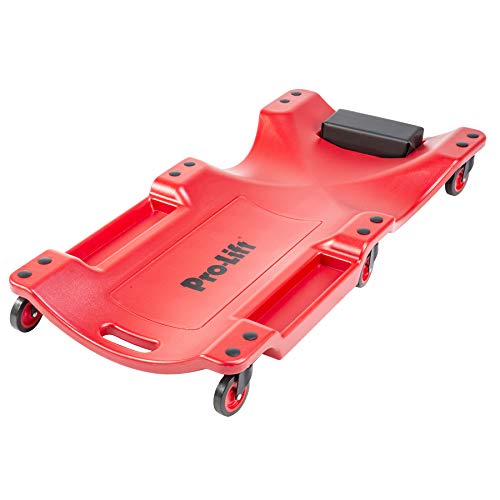 Product Cover Pro Lift Mechanic Plastic Creeper 40 Inch - Blow Molded Ergonomic HDPE Body with Padded Headrest & Dual Tool Trays - 350 Lbs Capacity Red