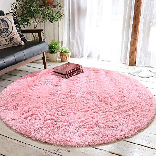 Product Cover junovo Round Fluffy Soft Area Rugs for Kids Girls Room Princess Castle Plush Shaggy Carpet Baby Room Decor, Diameter 4ft Pink