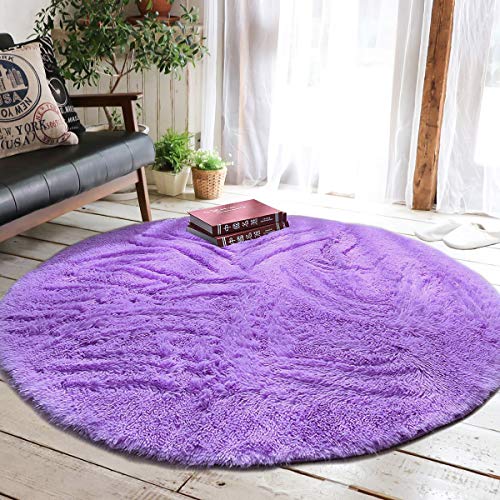 Product Cover junovo Round Fluffy Soft Area Rugs for Kids Girls Room Princess Castle Plush Shaggy Carpet Baby Room Decor, Diameter 4ft Purple