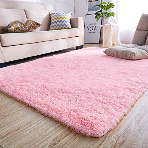 Product Cover Junovo Rectangle Ultra Soft Area Rugs Fluffy Carpets for Bedroom Living Room Shaggy Floor Rug Home Decor Mats, 4 x 5.3ft, Pink