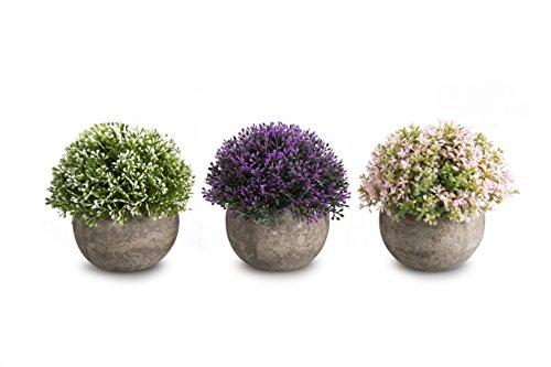 Product Cover Opps Mini Artificial Plants Plastic Fake Green Colorful Flower Topiary Shrubs with Gray Pot for Home Décor - Set of 3