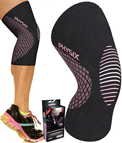 Product Cover Physix Gear Knee Support Brace - Premium Recovery & Compression Sleeve for Meniscus Tear, ACL, MCL Running & Arthritis - Best Neoprene Stabilizer Wrap for Crossfit, Squats & Workouts (Single Pink L)