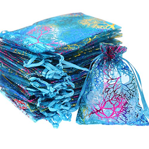 Product Cover SumDirect 100Pcs 5x7 Inches Drawstring Organza Bags Jewelry Favor Pouches with Coralline Print for Gift,Wedding,Party,Festival,Blue