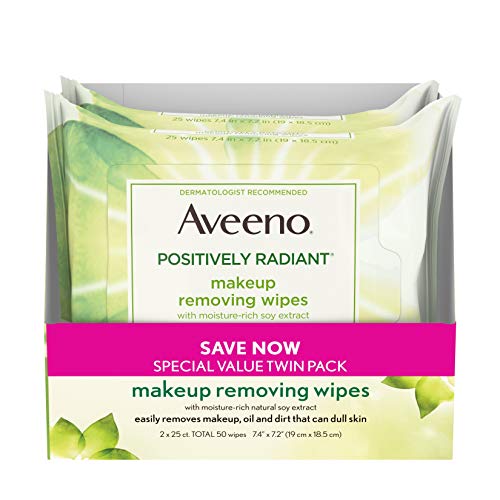 Product Cover Aveeno Positively Radiant Oil-Free Makeup Removing Wipes to Help Even Skin Tone and Texture with Moisture-Rich Soy Extract, 25 ct., Twin pack