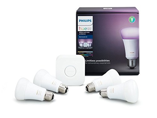 Product Cover Philips Hue White and Color Ambiance A19 60W Equivalent LED Smart Bulb Starter Kit (4 A19 Bulbs and 1 Hub Compatible with Amazon Alexa  Apple HomeKit and Google Assistant)