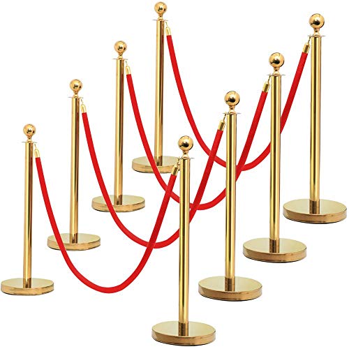 Product Cover Yaheetech 8PCS stanchions and Velvet Ropes Round Top Stainless Steel Stanchion Crowd Control Barrier Posts w/6.5 FT Red Rope Gold