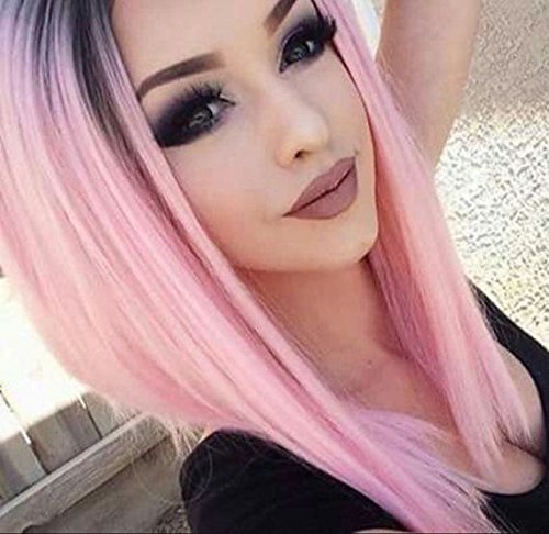 Product Cover AISI HAIR Ombre Pink Wigs Straight Short Length Cosplay Costume Wigs for Women Middle Part Wigs Dark Roots Heat Resistant Synthetic Wigs