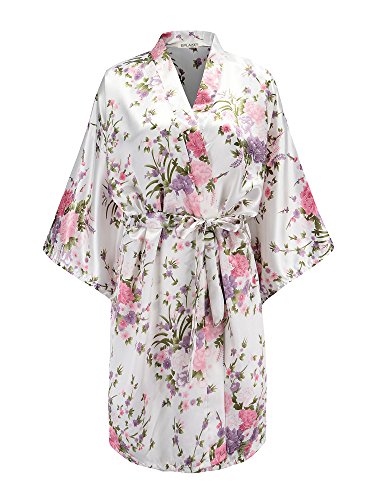 Product Cover EPLAZA Women Floral Satin Robe Bridal Dressing Gown Wedding Bride Bridesmaid Kimono Sleepwear (White, S/M)