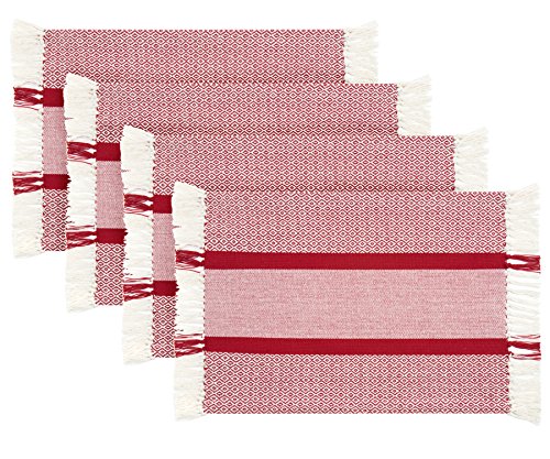 Product Cover Sticky Toffee Cotton Woven Placemat Set with Fringe, Traditional Diamond, 4 Pack Placemats, Red, 14 in x 19 in