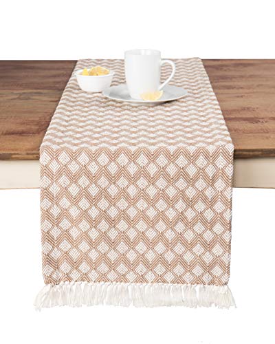Product Cover Sticky Toffee Cotton Woven Table Runner with Fringe, Scalloped Diamond, Tan, 14 in x 72 in