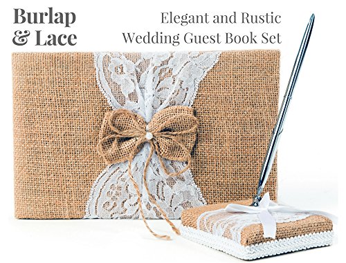Product Cover Rustic Wedding Guest Book Made of Burlap and Lace - Includes Matching Pen Holder and Silver Pen - 120 Lined Pages for Guest Thoughts - Comes in Gift Box (Burlap Bow with Pearl Center)