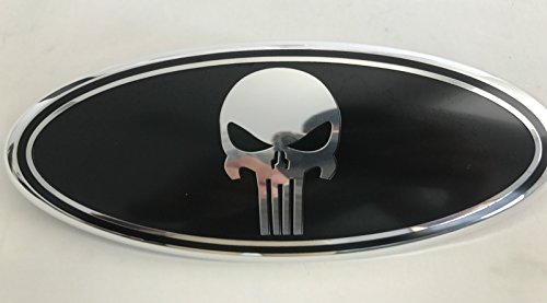 Product Cover Exotic store F-9SKB Black Punisher Modified Emblem For FORD EXPLORER EDGE F-150 F-250 F350 Rear OVAL Punisher EMBLEM FRONT GRILLE Tailgate Rear 9 Inch Badge (Black + Chrome Line)