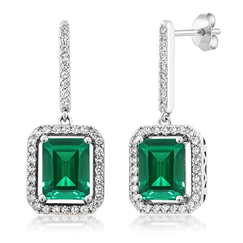 Product Cover Gem Stone King 925 Sterling Silver Green Simulated Emerald Earrings For Women (4.96 Cttw Emerald Cut 9X7MM)