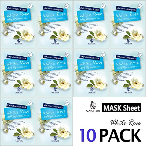 Product Cover Collagen Facial Sheet Mask Pack Face Treatment [NAISTURE] - Essence Face Masks with 10 sheets - 15 Minute Application For Smooth Moisturizing Revitalizing Hydration 0.8 oz, Made in Korea - White Rose