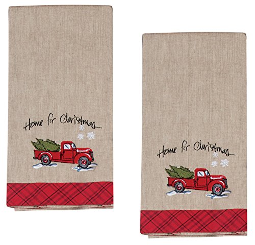 Product Cover Home for Christmas Embroidered Tea Towel Farm Truck with Tree Snowflakes, Set of 2