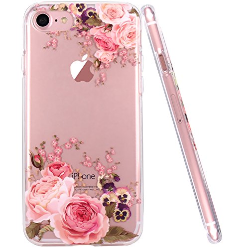 Product Cover JAHOLAN Cute Girl Floral Design Clear TPU Soft Slim Flexible Silicone Cover Phone Case Compatible with iPhone 7 iPhone 8 - Rose Flower