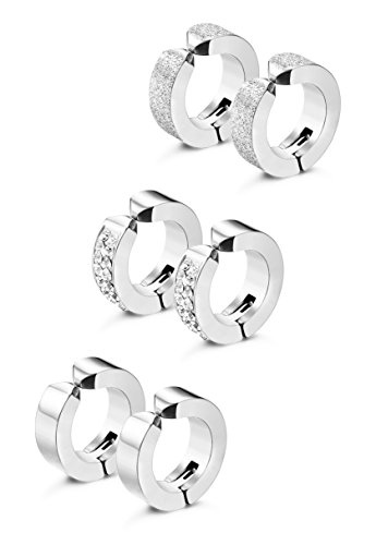 Product Cover Jstyle 3 Pairs Stainless Steel Mens Womens Hoop Earrings Clip On CZ Non-Piercing